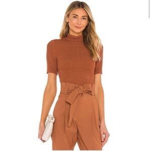 A.L.C. Deep Amber Dana Smocked Mock Neck Short Sleeved Stretch Crop Top
